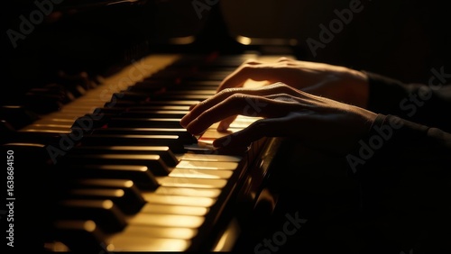 A Pianists Hands Sculpted by Warm Golden Light on Piano Keys.