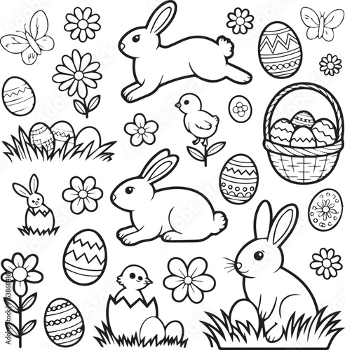 spring easter coloring page with rabbits chicks eggs basket flowers butterflies black and white lines art outline vector