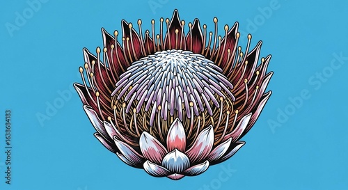 A detailed illustration of a beautiful King Protea flower with pink and white petals against a solid blue background.