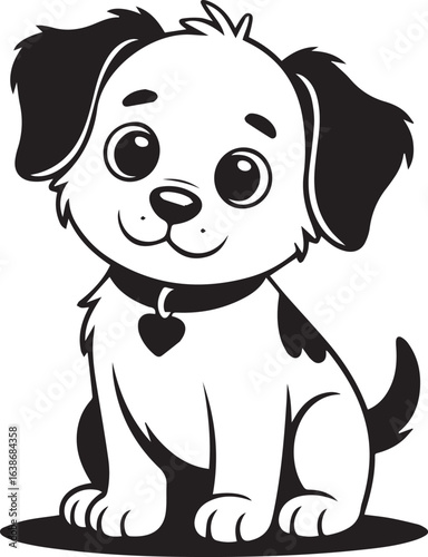 cute puppy cartoon vector black and white dog sitting with floppy ears large eyes heart collar bold outline line illustration