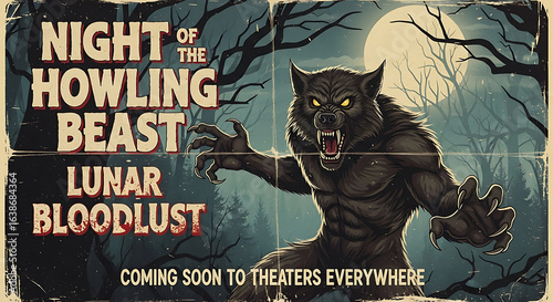 A vintage horror movie poster for 'Night of the Howling Beast' featuring a menacing werewolf under a full moon.