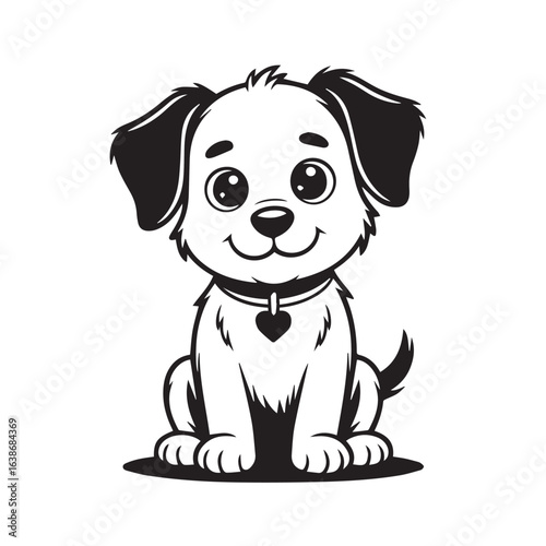 cute puppy mascot illustration vector black and white dog sitting floppy ears eyes pet with heart collar minimal outline