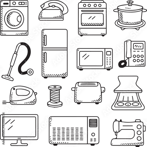 household appliance line icons set black and white outline washing machine iron oven slow cooker vacuum fridge microwave