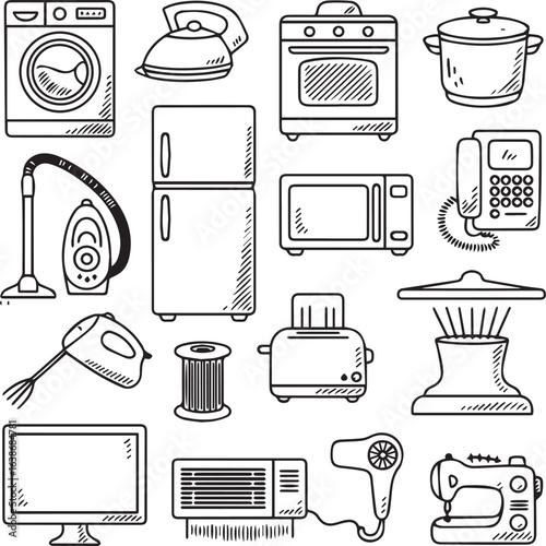 household appliances outline icons black and white set with washing machine oven microwave toaster vacuum sewing machine