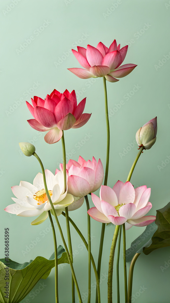Fototapeta premium Beautiful pink and white lotus flowers blooming on green background. 
