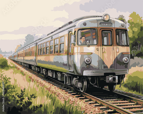 Vintage Passenger Train Illustration – Retro Railway Locomotive in Scenic Landscape