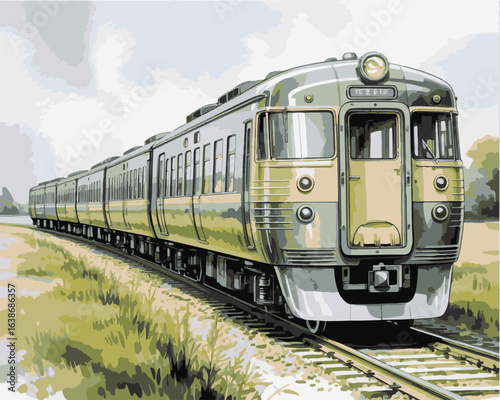 Vintage Passenger Train Illustration – Retro Railway Locomotive in Scenic Landscape