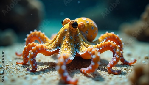Vibrant orange octopus with white spots crawls on sandy ocean floor, capturing marine wonder