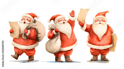 Watercolor Santa Claus illustrations on transparent background, festive poses with gift sack and paper, perfect for Christmas design and commercial use.