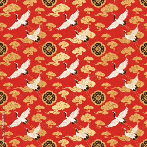 Seamless Asian Clouds and Cranes Pattern