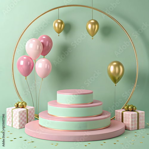 A festive 3D celebration scene with a pastel green background and a circular stage design