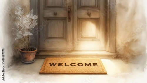 Warm Welcome: Sunlit Doorway with Welcome Mat and Potted Plant