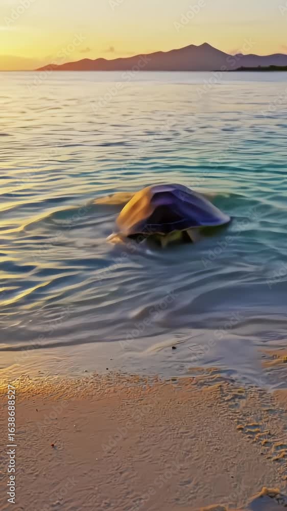 Sea Turtle Returning to the Ocean at Sunset on a Tropical Beach