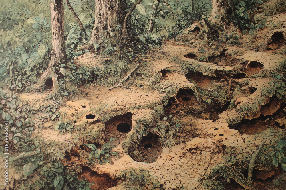 Obraz premium Natural ant nest in the ground with small holes