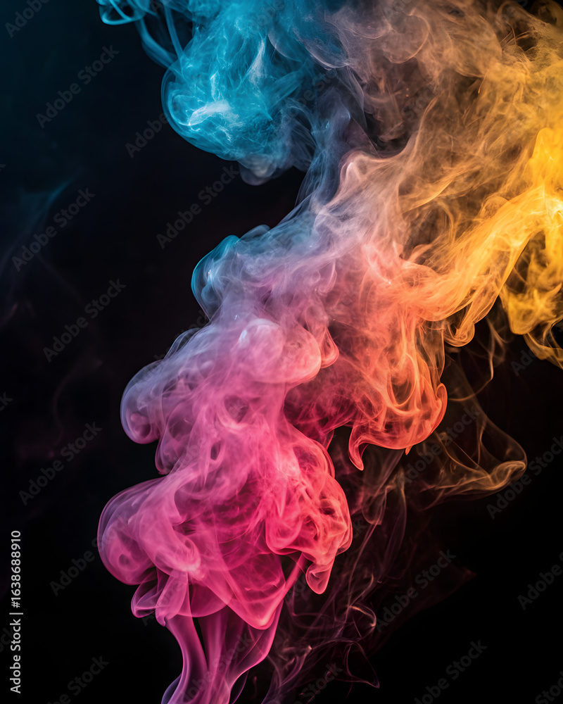 Pink, blue, and yellow colored smoke swirling creatively on a black background. Pink, blue, and yellow colored smoke swirling creatively on a black background.