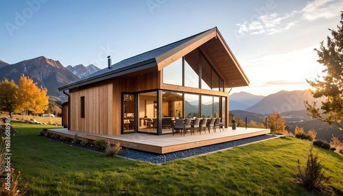 Modern Mountain Chalet Sunset View.
