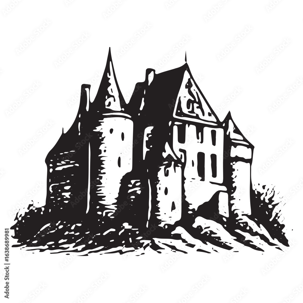 Obraz premium Medieval Castle with Central Tower – Black and White Sketch Architecture
