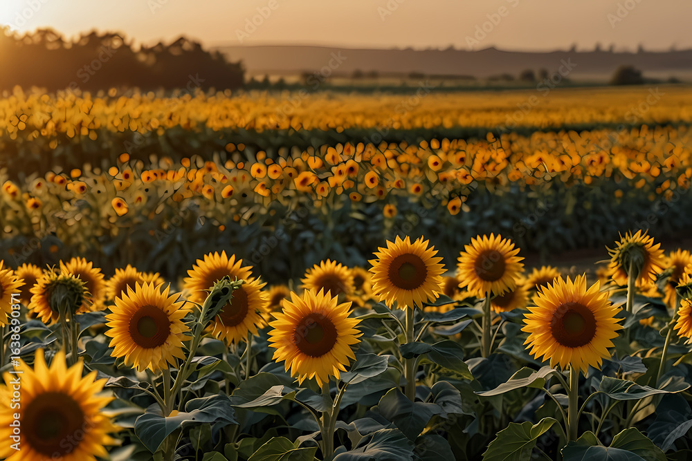 Obraz premium A wide panoramic view of a sunflower field under a golden sunset