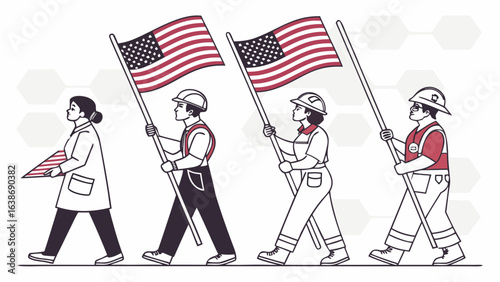 American Workers Patriotic Parade Line Art Illustration