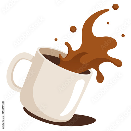 Coffee spill from white mug with dynamic liquid motion drink vector on white background.