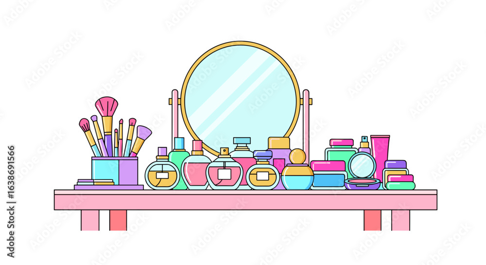 Obraz premium Illustration of a dressing table with mirror, makeup brushes, and various cosmetic products displayed on it