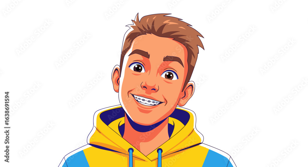 Obraz premium Illustration of a smiling young man with braces wearing a yellow and blue hoodie on a white background