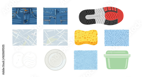 A collection of various textures and materials including denim, plastic wrap, and shoe soles displayed