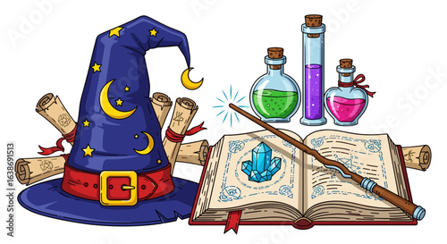 Illustration of a wizard hat with scrolls, potions, a wand, and an open spell book with a crystal