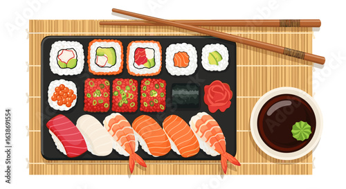An overhead view of a sushi platter with various rolls, nigiri, chopsticks, and soy sauce bowl