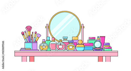 Illustration of a dressing table with mirror, makeup brushes, and various cosmetic products displayed on it