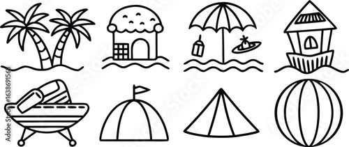 A cartoon set of hand drawn houses and umbrellas for rainy season protection from the weather