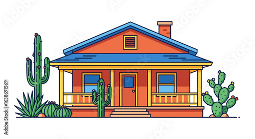 Illustration of a southwestern style house with a porch and cacti in the front yard landscape design