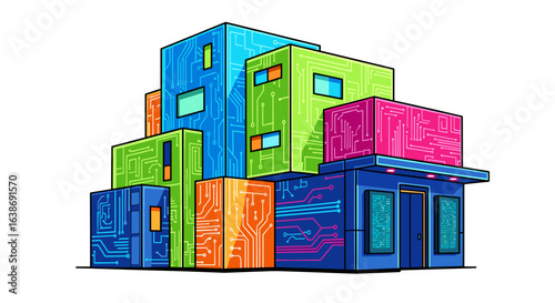 Illustration of stacked colorful cuboid buildings with circuit board pattern and window details design