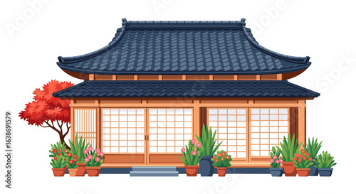 Illustration of a traditional japanese house with a dark roof and potted plants around the entrance