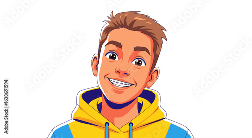 Illustration of a smiling young man with braces wearing a yellow and blue hoodie on a white background