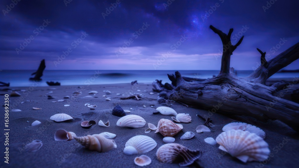 custom made wallpaper toronto digitalCosmic Shoreline: Seashells and Driftwood Beneath a Starry Twilight Sky