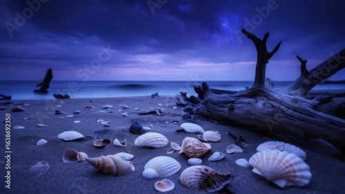 Wallpaper Mural Cosmic Shoreline: Seashells and Driftwood Beneath a Starry Twilight Sky Torontodigital.ca