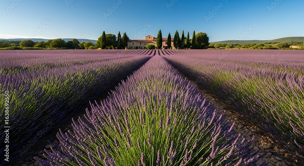 Obraz premium Stunning panoramic view of a purple lavender field in Provence with rows leading to a traditional stone farmhouse at sunrise.