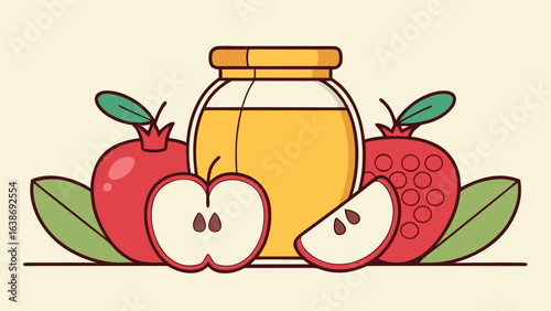 Apples and Pomegranates with Honey Jar on Light Background fruit