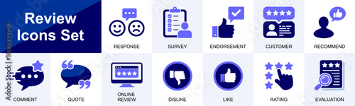 Review icons set for feedback rating comments survey endorsement like dislike recommendation & evaluation