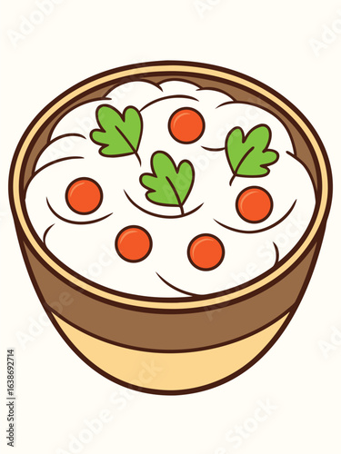 Bowl of mashed potatoes with carrots and parsley garnish food dish