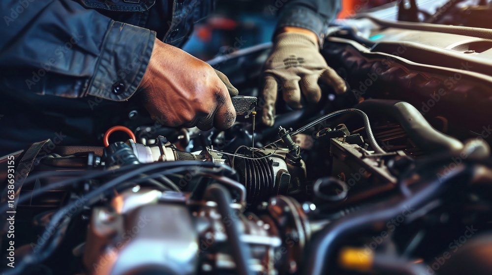 Engine repairman working on a car engine, using tools like sockets and ratchets to fix parts, checking spark plugs and hoses, wearing a mechanic’s uniform and gloves in an auto repair shop Engine repairman working on a car engine, using tools like sockets and ratchets to fix parts, checking spark plugs and hoses, wearing a mechanic’s uniform and gloves in an auto repair shop