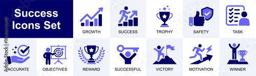 Success icons set for growth achievement trophy reward victory motivation winner objectives safety accurate & task