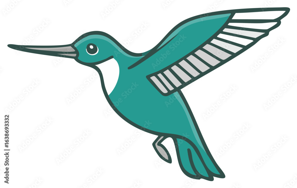 Obraz premium Illustration of a cartoon hummingbird with teal and white colors in flight
