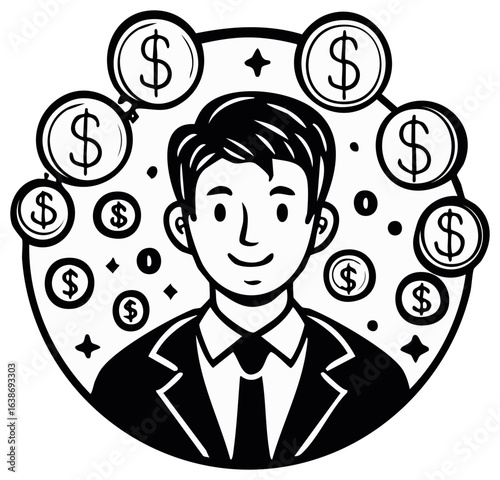 Professional Business Man with Dollar Coins Around Him in Black and White Style