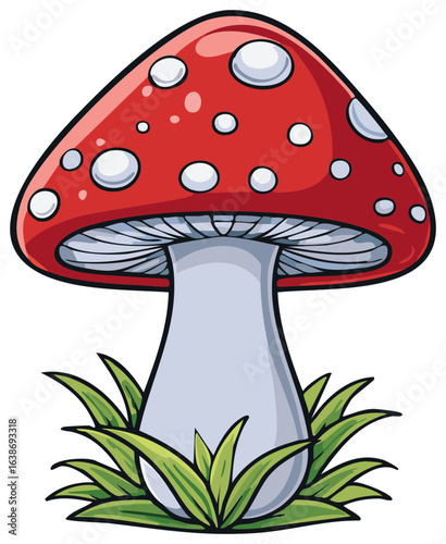 Vibrant red toadstool with white spots and green grass cartoon style vector illustration