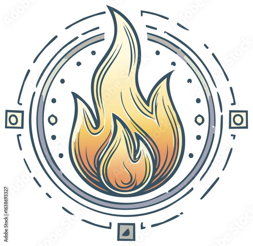 Stylized Fiery Emblem with Geometric Accents and Celestial Motifs