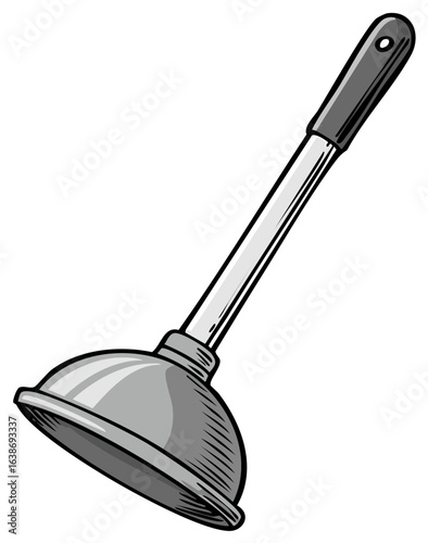 Classic plumbing tool with long handle, illustration. Cleaning, maintenance equipment.