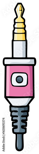 Illustration of audio connector, cartoon style jack plug with pink and golden details for electronic devices