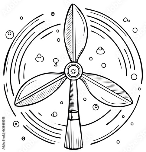 Sketch of wind turbine generating clean energy with swirling winds and bubbles, showing sustainability.
